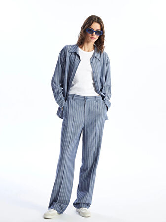 LCW Vision LACİVERT Standart Fit Çizgili Keten Karışımlı Kadın Pantolon