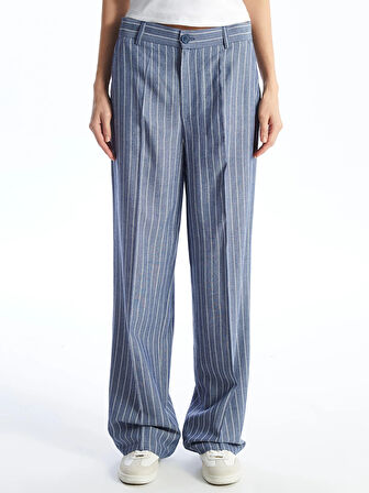 LCW Vision LACİVERT Standart Fit Çizgili Keten Karışımlı Kadın Pantolon