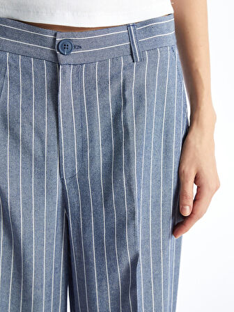 LCW Vision LACİVERT Standart Fit Çizgili Keten Karışımlı Kadın Pantolon