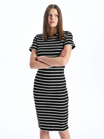 XSIDE Siyah Bisiklet Yaka Çizgili Kısa Kollu Kadın Bodycon Elbise