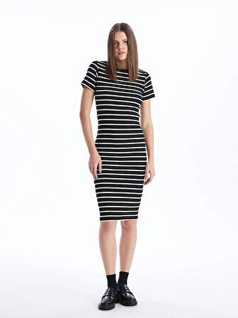XSIDE Siyah Bisiklet Yaka Çizgili Kısa Kollu Kadın Bodycon Elbise