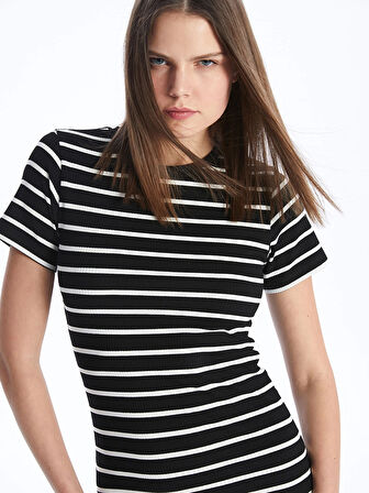 XSIDE Siyah Bisiklet Yaka Çizgili Kısa Kollu Kadın Bodycon Elbise