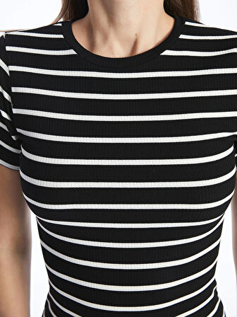 XSIDE Siyah Bisiklet Yaka Çizgili Kısa Kollu Kadın Bodycon Elbise