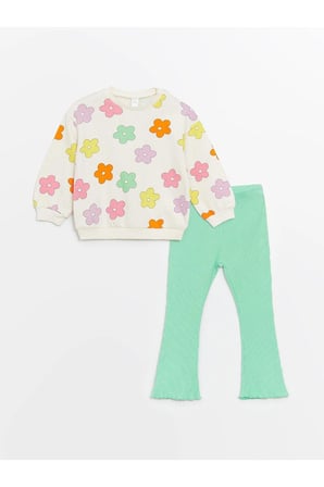 lcw baby bisiklet yaka uzun kollu baskılı kız bebek sweatshirt ve tayt 2'li takım