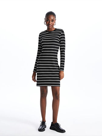 LCW Vision SİYAH Bisiklet Yaka Çizgili Uzun Kollu Kadın Elbise