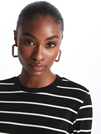 LCW Vision SİYAH Bisiklet Yaka Çizgili Uzun Kollu Kadın Elbise