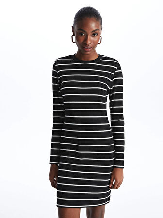 LCW Vision SİYAH Bisiklet Yaka Çizgili Uzun Kollu Kadın Elbise