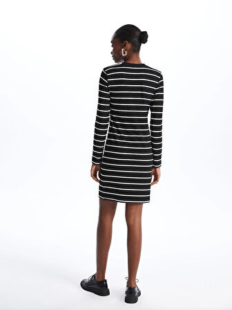 LCW Vision SİYAH Bisiklet Yaka Çizgili Uzun Kollu Kadın Elbise