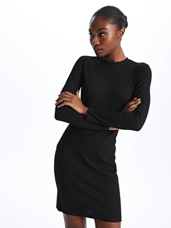 LCW Vision SİYAH Bisiklet Yaka Düz Uzun Kollu Kadın Elbise