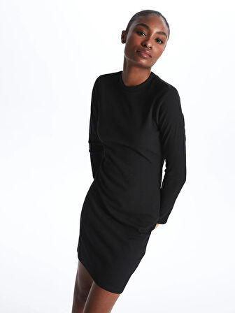 LCW Vision SİYAH Bisiklet Yaka Düz Uzun Kollu Kadın Elbise