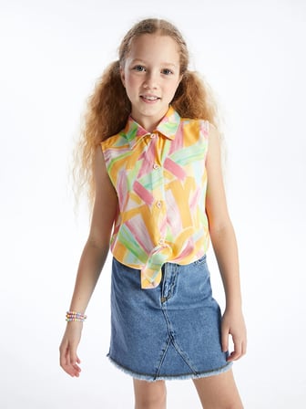 LCW Kids Beyaz Desenli Kız Çocuk Crop Gömlek