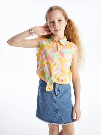 LCW Kids Beyaz Desenli Kız Çocuk Crop Gömlek