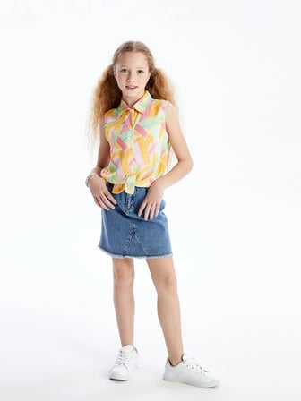 LCW Kids Beyaz Desenli Kız Çocuk Crop Gömlek