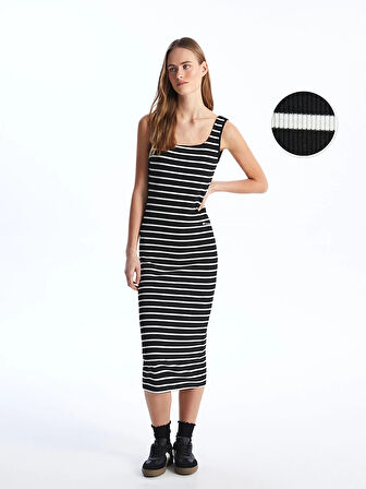 LCW Vision SİYAH U Yaka Çizgili Kadın Elbise