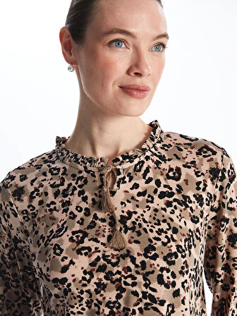 LCW Grace Kahverengi Bağlamalı Yaka Desenli Uzun Kollu Kadın Bluz