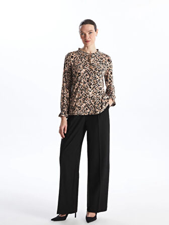 LCW Grace Kahverengi Bağlamalı Yaka Desenli Uzun Kollu Kadın Bluz