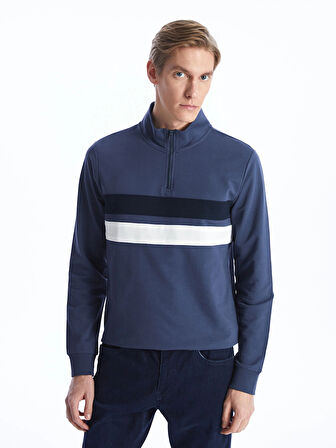 LCWAIKIKI Classic İNDİGO Dik Yaka Uzun Kollu Renk Bloklu Erkek Sweatshirt