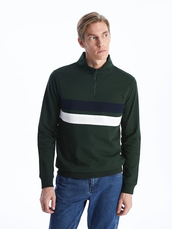 LCWAIKIKI Classic YEŞİL Dik Yaka Uzun Kollu Renk Bloklu Erkek Sweatshirt