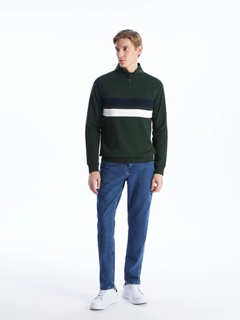 LCWAIKIKI Classic YEŞİL Dik Yaka Uzun Kollu Renk Bloklu Erkek Sweatshirt