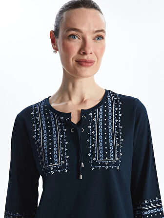 LCW Grace Lacivert Bağlamalı Yaka Desenli Kadın Bluz