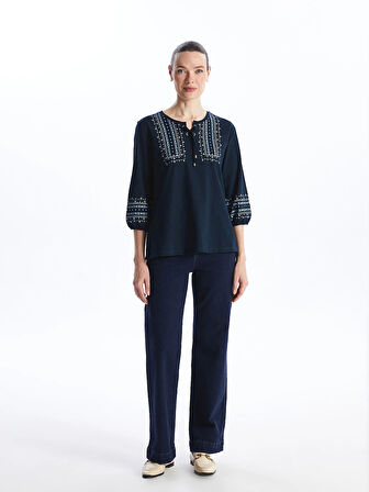 LCW Grace Lacivert Bağlamalı Yaka Desenli Kadın Bluz