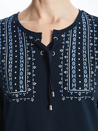 LCW Grace Lacivert Bağlamalı Yaka Desenli Kadın Bluz