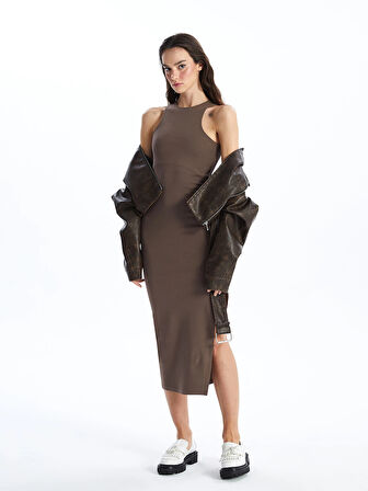 XSIDE KAHVERENGİ Kadın Halter Yaka Düz Bodycon Elbise