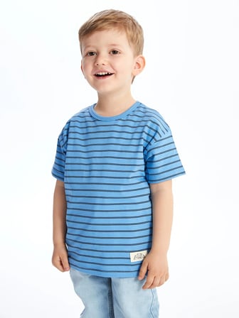 LCW Kids Mavi Bisiklet Yaka Kısa Kollu Çizgili Erkek Bebek Tişört