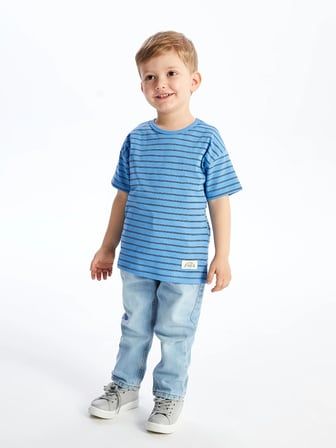 LCW Kids Mavi Bisiklet Yaka Kısa Kollu Çizgili Erkek Bebek Tişört