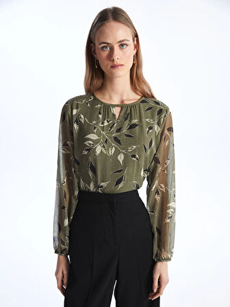 LCW Grace Haki Bisiklet Yaka Desenli Uzun Kollu Kadın Bluz