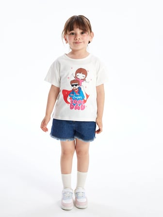 LCW Kids Beyaz Bisiklet Yaka Baskılı Kısa Kollu Kız Bebek Tişört