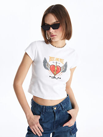 XSIDE Ekru Bisiklet Yaka Baskılı Kısa Kollu Crop Kadın Tişört