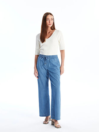LCWAIKIKI Classic Mavi Beli Lastikli Wideleg Kadın Jean Pantolon