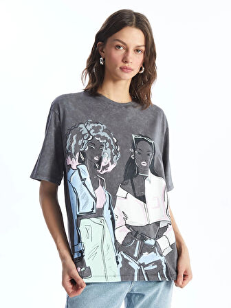 LCW Vision Antrasit Bisiklet Yaka Baskılı Kısa Kollu Oversize Kadın Tişört