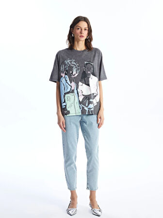 LCW Vision Antrasit Bisiklet Yaka Baskılı Kısa Kollu Oversize Kadın Tişört