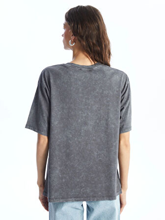 LCW Vision Antrasit Bisiklet Yaka Baskılı Kısa Kollu Oversize Kadın Tişört