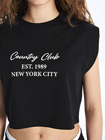 XSIDE Siyah Bisiklet Yaka Baskılı Kadın Crop