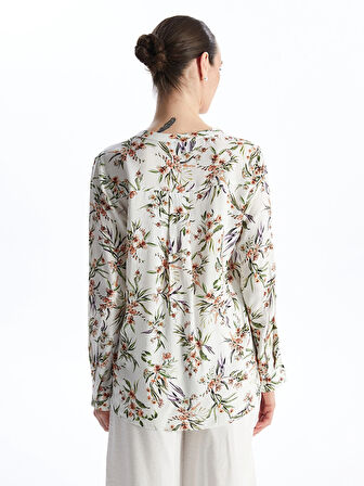 LCW Grace Ekru Kaçık Yaka Çiçekli Uzun Kollu Kadın Bluz