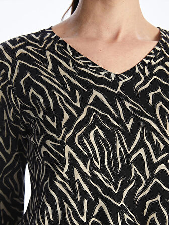 LCW Grace Siyah V Yaka Desenli Uzun Kollu Kadın Bluz