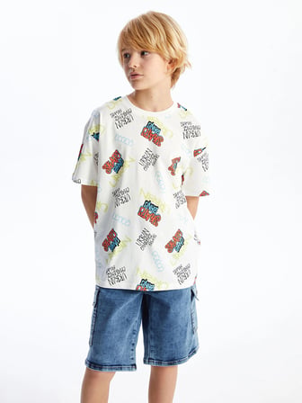 LCW Kids Ekru Oversize Bisiklet Yaka Erkek Çocuk Tişört