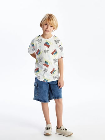 LCW Kids Ekru Oversize Bisiklet Yaka Erkek Çocuk Tişört