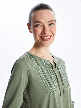 LCW Grace Haki Bağlamalı Yaka Desenli Kadın Bluz