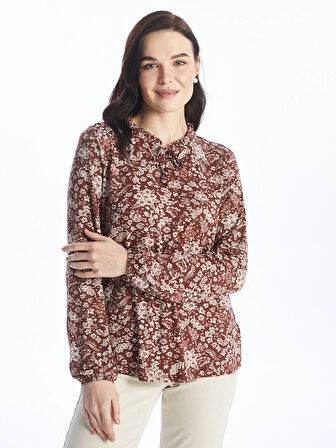 LCW Grace Kahverengi Bağlamalı Yaka Desenli Uzun Kollu Kadın Bluz