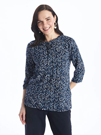 LCW Grace Lacivert Bağlamalı Yaka Desenli Kadın Tişört