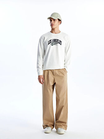 LCW Casual Ekru Bisiklet Yaka Uzun Kollu Baskılı Erkek Sweatshirt