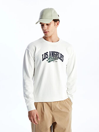 LCW Casual Ekru Bisiklet Yaka Uzun Kollu Baskılı Erkek Sweatshirt