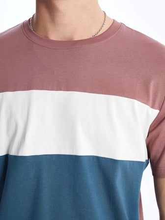 XSIDE Pembe Bisiklet Yaka Kısa Kollu Renk Bloklu Penye Erkek Tişört