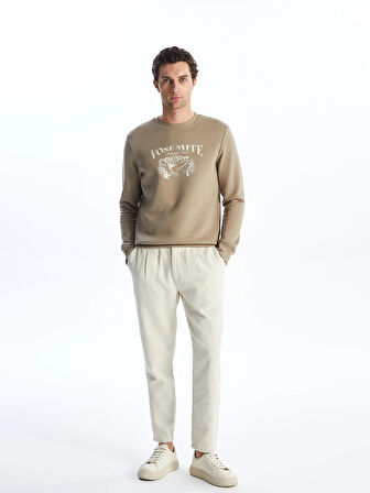 LCWAIKIKI Classic Bej Bisiklet Yaka Baskılı Erkek Kalın Sweatshirt