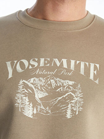 LCWAIKIKI Classic Bej Bisiklet Yaka Baskılı Erkek Kalın Sweatshirt