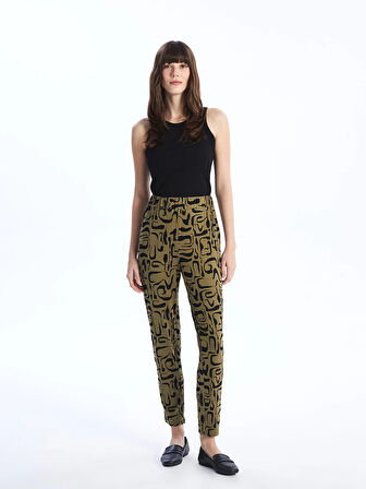 LCWAIKIKI Basic Haki Beli Lastikli Rahat Kalıp Desenli Kadın Pantolon